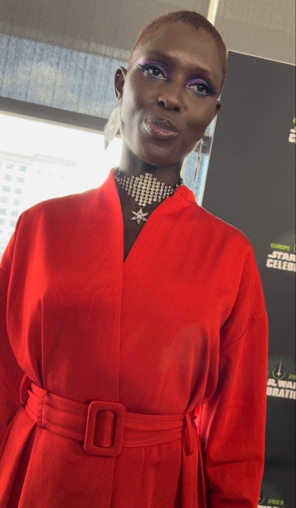 Jodie Turner-Smith greets fans at the Star Wars Celebration on April 7, 2023.