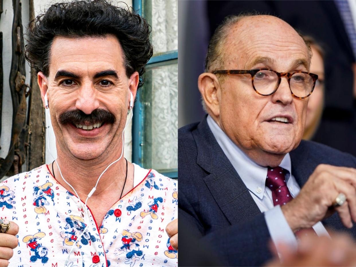 Sacha Baron Cohen as Borat, and Rudy Giuliani at a White House press conference in September (Amazon/Joshua Roberts/Getty Images)