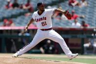 Los Angeles Angels starting pitcher Jaime Barria throws to an Oakland Athletics batter during the first inning of a baseball game in Anaheim, Calif., Saturday, July 31, 2021. (AP Photo/Alex Gallardo)