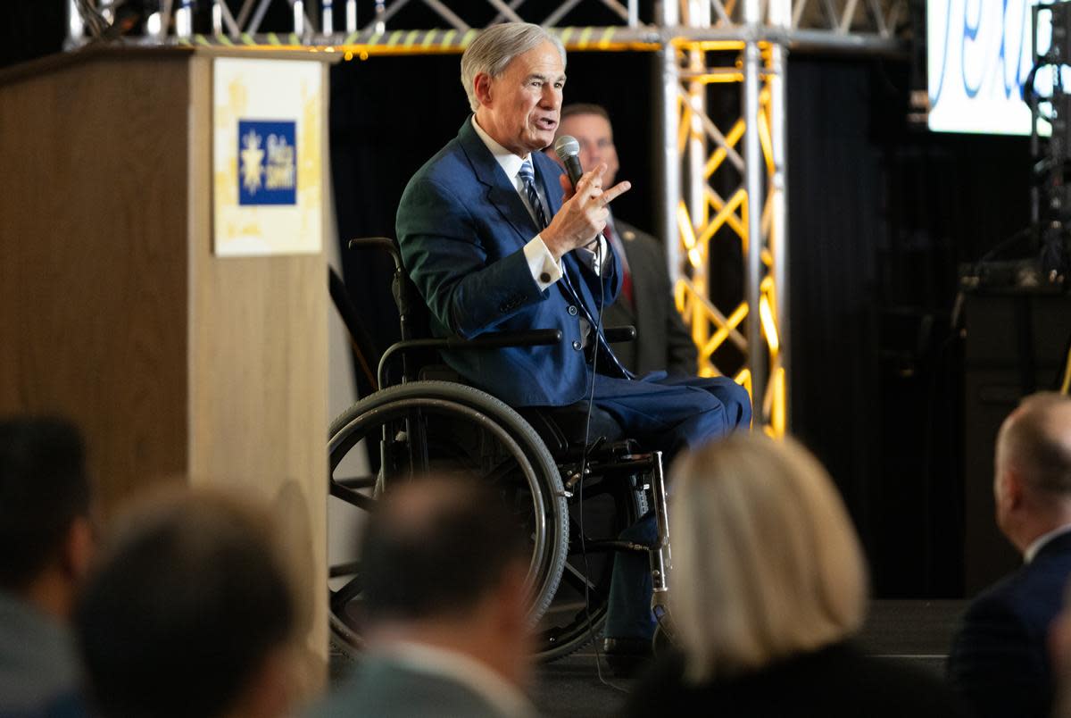 Gov. Greg Abbott speaks during the opening keynote lunch at the Texas Public Policy Foundation Texas Policy Summit 2024 in Austin on March 20, 2024. Gov. Abbott spoke about border security and cartels, school choice for parents of Texas children and the ban of DEI at Texas universities.                                                                                                                        