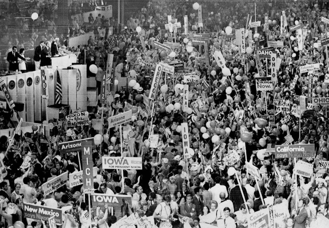 Delegates to the Republican National Convention make noise as President Nixon is announced as their candidate for reelection in 1972.