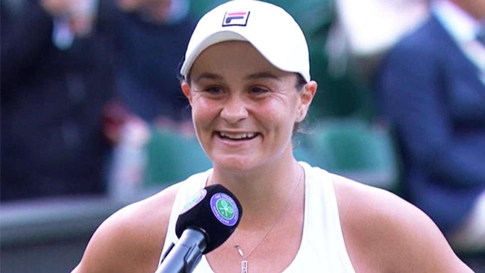 Ash Barty (pictured) sharing a laugh during her post-match interview at Wimbledon.