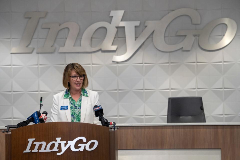 IndyGo Interim President/CEO Jennifer Pyrz speaks at IndyGo east campus Thursday, April 25, 2024 about getting money in the federal budget for the Blue Line project.