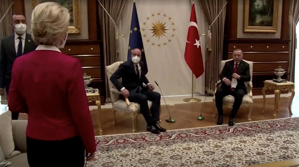 European Commission President Ursula von der Leyen stands as European Council President Charles Michel and Turkish President Tayyip Erdogan take seats in Ankara, Turkey, on April 6, 2021, in this screengrab obtained by Reuters. / Credit: Handout