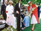 <p>On the left, Diana wears a Mondi white skirt with red polka dots with matching ankle socks at a polo match in Windsor in June, 1986. And on the right, she receives flowers from well-wishers during a visit in Melbourne, Australia in the same skirt!</p>