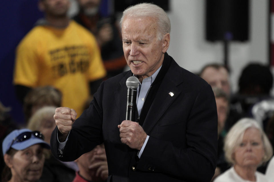Democratic presidential candidate and former Vice President Joe Biden gestures as he speaks during a campaign stop in Council Bluffs, Iowa, Wednesday, Jan. 29, 2020. (AP Photo/Nati Harnik)