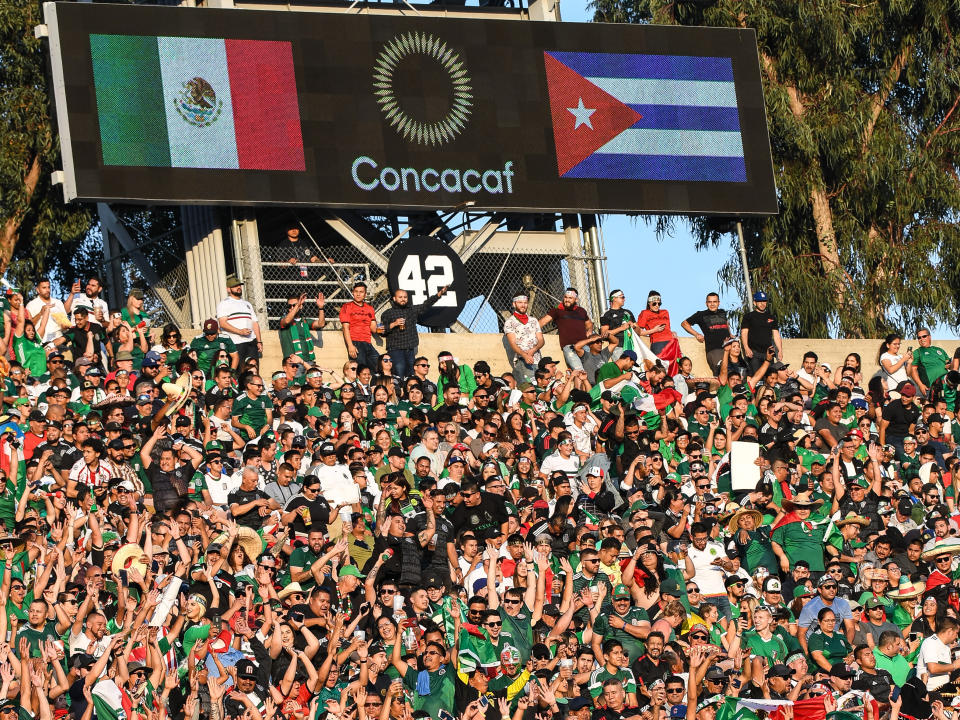 PASADENA, CA - JUNE 15: Mexican fans during the 2019 CONCACAF Gold Cup Group A match between Mexico and Cuba at the Rose Bowl on June 15, 2019 in Pasadena, California. Mexico won the match 7-0  (Photo: Shaun Clark/Getty Images)