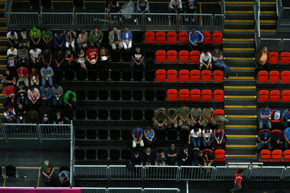 <b>Empty seats:</b> According to the official figures from LOCOG, on the first day of the Games around 14 per cent of those who held tickets didn't turn up. On succeeding days, the stay-aways amounted to 58,000 and 50,000 making the average no show figure to be nearly 60,000.<br><br> <a href="http://in.news.yahoo.com/london-organisers-investigating-empty-seats-032954291--spt.html " data-ylk="slk:London organisers investigating empty seats;elm:context_link;itc:0;sec:content-canvas;outcm:mb_qualified_link;_E:mb_qualified_link;ct:story;" class="link  yahoo-link">London organisers investigating empty seats</a><br> <a href="http://in.news.yahoo.com/video/sports-22564758/uproar-over-empty-seats-at-olympic-events-30125807.html " data-ylk="slk:Uproar over empty seats;elm:context_link;itc:0;sec:content-canvas;outcm:mb_qualified_link;_E:mb_qualified_link;ct:story;" class="link  yahoo-link">Uproar over empty seats</a><br> <a href="http://in.video.yahoo.com/indiavyc-25982641/ap-27004237/troops-students-to-fill-empty-seats-at-olympics-30124668.html " data-ylk="slk:Troops, students to fill empty seats;elm:context_link;itc:0;sec:content-canvas;outcm:mb_qualified_link;_E:mb_qualified_link;ct:story;" class="link  yahoo-link">Troops, students to fill empty seats</a><br> <a href="http://in.news.yahoo.com/more-one-10-sold-olympics-seats-still-going-115144845.html " data-ylk="slk:Olympics seats still going empty;elm:context_link;itc:0;sec:content-canvas;outcm:mb_qualified_link;_E:mb_qualified_link;ct:story;" class="link  yahoo-link">Olympics seats still going empty</a>