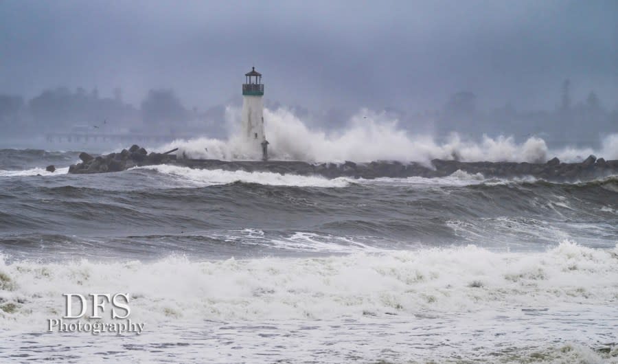 Winter waves form at Walton Lighthouse in Santa Cruz on Dec. 28, 2023. (Photo by Dan Sedenquist)