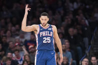 Philadelphia 76ers guard Ben Simmons reacts after scoring a three-point basket in the second half of an NBA basketball game against the New York Knicks, Saturday, Jan. 18, 2020, at Madison Square Garden in New York. (AP Photo/Mary Altaffer)