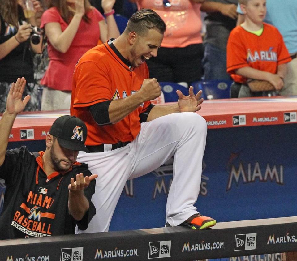 Jose Fernandez, pitcher of the Miami Marlins, reacts after the final out in the ninth inning of the game against the San Francisco Giants, on Thursday, July 2, 2015, at Marlins Park in Miami. It was his first game back after surgery.