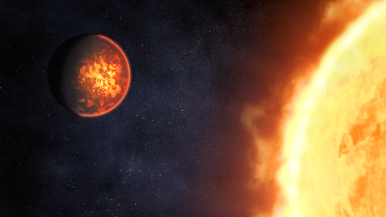  A reddish orange planet with what look like charred edges is seen next to a giant star, slightly offscreen. 