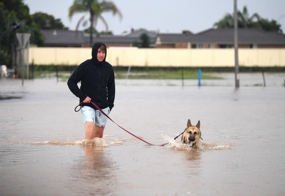 BALLINA, AUSTRALIA - MARCH 03: A man walks his dog through a flooded street on March 03, 2022 in Ballina, Australia. Several northern New South Wales towns have been forced to evacuate as Australia faces unprecedented storms and the worst flooding in a decade.  (Photo by Dan Peled/Getty Images)