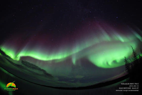 An aurora is photographed by the Auroramax automated camera in Canada's Northwest Territories on Sept. 13, 2013.