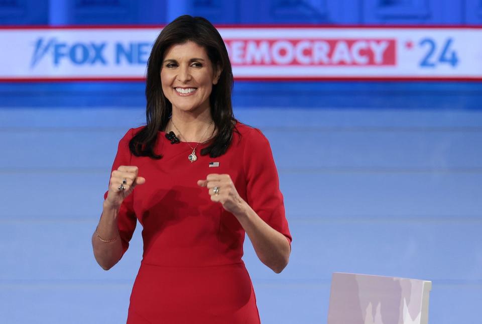 Republican presidential candidate Nikki Haley participates in a Fox News town hall in Des Moines, Iowa, on Jan. 8, 2024. <a href="https://www.gettyimages.com/detail/news-photo/republican-presidential-candidate-former-u-n-ambassador-news-photo/1918255110?adppopup=true" rel="nofollow noopener" target="_blank" data-ylk="slk:Win McNamee/Getty Images;elm:context_link;itc:0;sec:content-canvas" class="link ">Win McNamee/Getty Images</a>