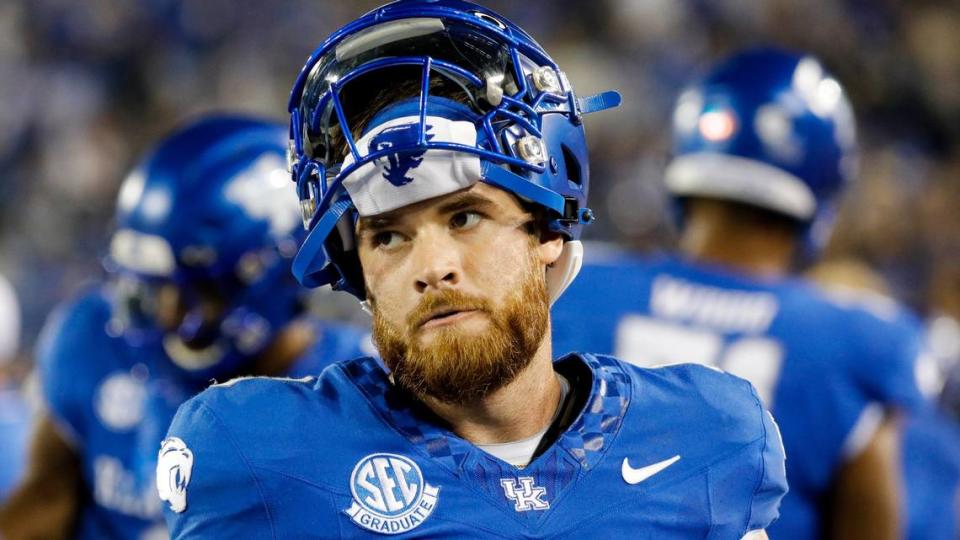 Kentucky Wildcats quarterback Devin Leary (13) on the sidelines during the second half of a football game against Akron at Kroger Field in Lexington, Ky., Saturday, Sept. 16, 2023.