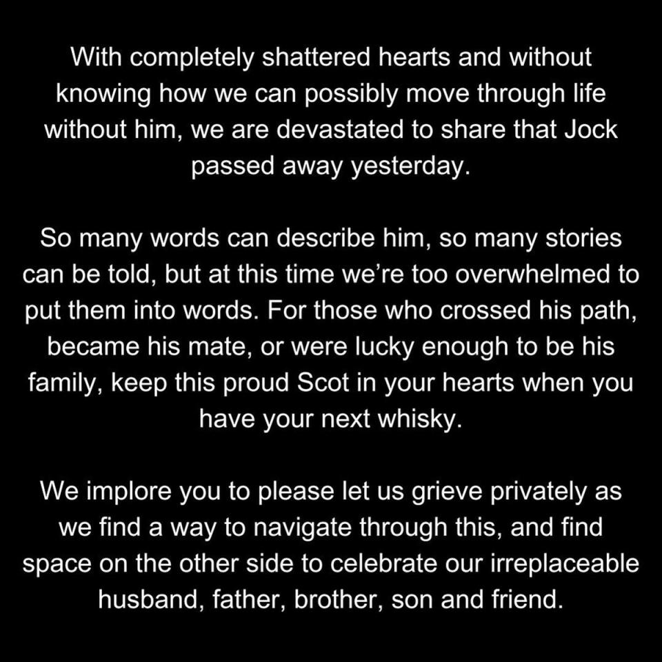 Instagram post about Jock Zonfrillo's death 