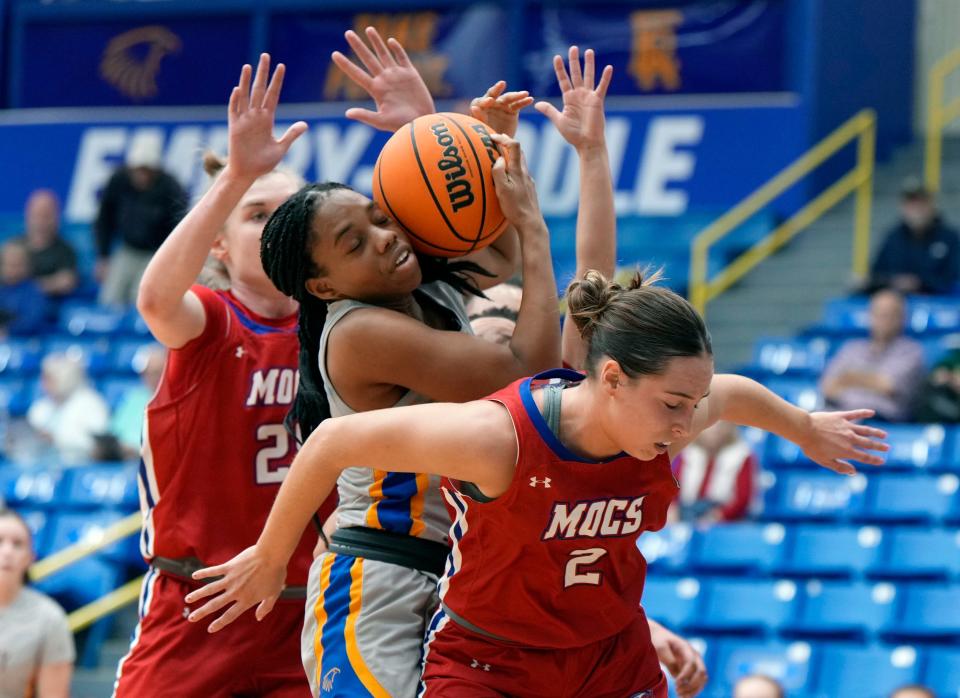 Embry-Riddle's Madyson Jean-Louis (23) battles during a game with Florida Southern, Wednesday, Feb. 7, 2024.