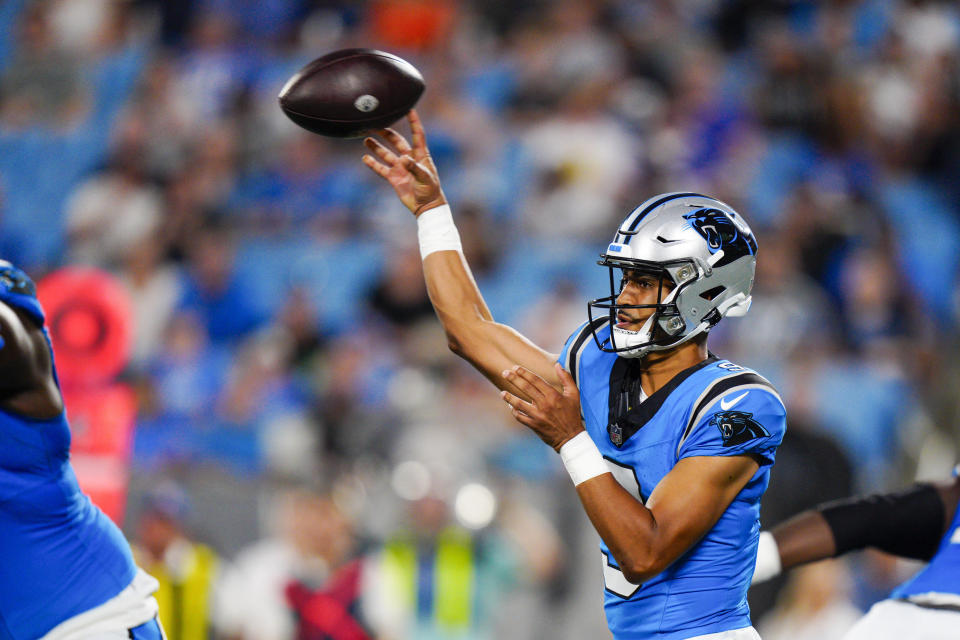 Carolina Panthers quarterback Bryce Young passes against the Detroit Lionsduring the first half of a preseason NFL football game Friday, Aug. 25, 2023, in Charlotte, N.C. (AP Photo/Jacob Kupferman)