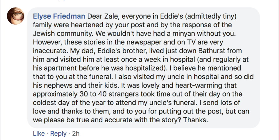Elyse Friedman, a relative of Eddie Ford, denies that hundreds of people attended her uncle’s funeral. (Screenshot: Facebook/Elyse Friedman)