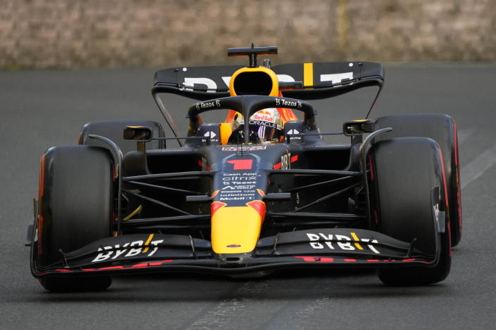 Red Bull driver Max Verstappen of the Netherlands steers his car during the qualifying session at the Baku circuit, in Baku, Azerbaijan, Saturday, June 11, 2022. The Formula One Grand Prix will be held on Sunday. (AP Photo/Sergei Grits)