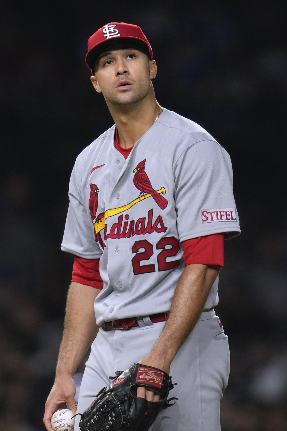 St. Louis Cardinals starting pitcher Jack Flaherty reacts after walking two Chicago Cubs batters in a row during the fifth inning of a baseball game Tuesday, May 9, 2023, in Chicago. (AP Photo/Erin Hooley)