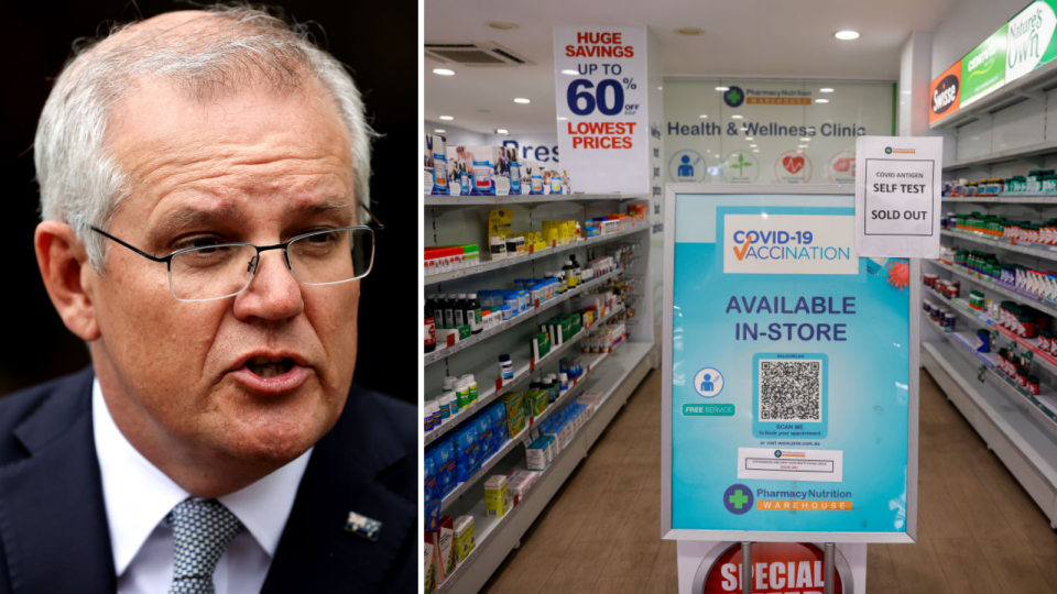 Scott Morrison speaks, image of pharmacist. 