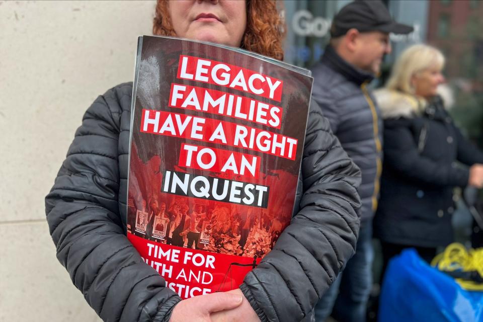 Time for Truth and Justice campaigners protest against the Northern Ireland Troubles (Legacy and Reconciliation) Bill outside the Northern Ireland Office at Erskine House in Belfast (PA Wire)