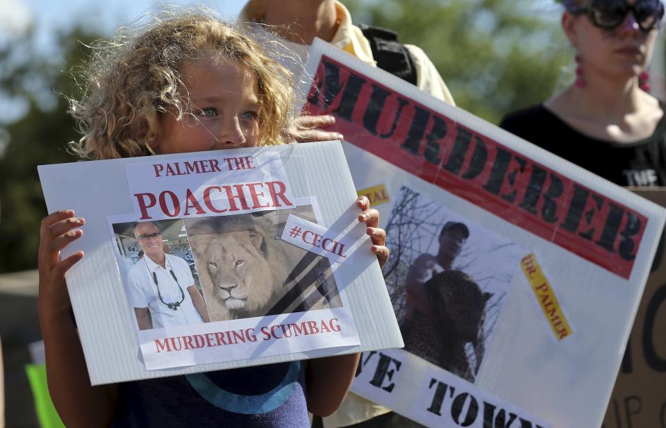 Protesters rally outside the River Bluff Dental clinic against the killing of a famous lion in Zimbabwe, in Bloomington, Minnesota