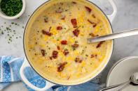<p>This Northeastern classic chowder is one of our go-to <a href="https://www.delish.com/cooking/g2150/comfort-food/" rel="nofollow noopener" target="_blank" data-ylk="slk:comfort food;elm:context_link;itc:0;sec:content-canvas" class="link ">comfort food</a> dinners, and it's extra special in the summer with fresh <a href="https://www.delish.com/cooking/g1463/sweet-corn-recipes/" rel="nofollow noopener" target="_blank" data-ylk="slk:sweet corn;elm:context_link;itc:0;sec:content-canvas" class="link ">sweet corn</a>. If you'd like to make it vegetarian, fry up some sliced mushrooms in oil or butter instead of bacon, and swap in vegetable broth for the chicken broth.</p><p>Get the <strong><a href="https://www.delish.com/cooking/recipes/a54008/easy-corn-chowder-recipe/" rel="nofollow noopener" target="_blank" data-ylk="slk:Corn Chowder recipe;elm:context_link;itc:0;sec:content-canvas" class="link ">Corn Chowder recipe</a></strong>.</p>