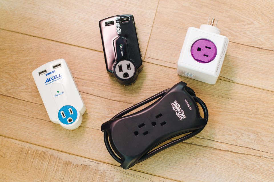 Portable power strips and surge protectors with USB charging