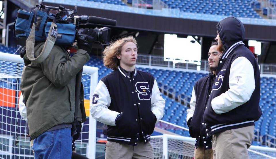 The Swampscott High football captains caught some air time at the MIAA state championship breakfast at Gillette Stadium on Tuesday, Nov. 23, 2021.