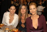 The three lovely leading ladies of<i> Friends </i>put their real-life friendship (20 years later) on display with a night out in Los Angeles. The trio hit the town for a drawn-out dinner to celebrate Courteney Cox’s engagement to Snow Patrol rock star Johnny McDaid. (<a href="https://people.com/tv/courteney-cox-talks-ending-engagement-johnny-mcdaid-reunites-lisa-kudrow/" rel="nofollow noopener" target="_blank" data-ylk="slk:The two ended their engagement;elm:context_link;itc:0;sec:content-canvas" class="link ">The two ended their engagement</a> but are still together.) In an interview with Jimmy Kimmel in September 2014, <a href="https://www.youtube.com/watch?v=DMpZavycRKY" rel="nofollow noopener" target="_blank" data-ylk="slk:Cox revealed;elm:context_link;itc:0;sec:content-canvas" class="link ">Cox revealed</a> the proposal happened at a dinner hosted by Jennifer Aniston!