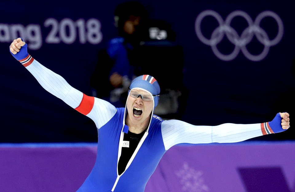 <p>Gold medalist Havard Lorentzen of Norway celebrates setting a new Olympic record during the Men’s 500m Speed Skating race on Feb. 19, 2018 at the 2018 Winter Olympics in PyeongChang, South Korea.<br> (AP Photo/Petr David Josek) </p>