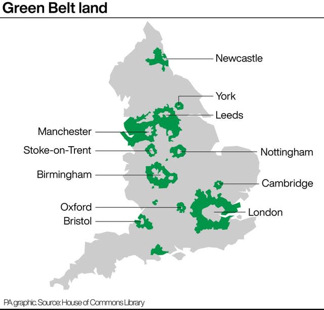 A PA graphic showing Green Belt land in England in cities ranging from Newcastle in the north, to Bristol in the south