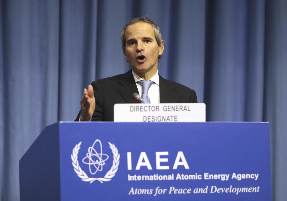 The designated director general of International Atomic Energy Agency, IAEA, Rafael Mariano Grossi from Argentina, delivers a speech at the beginning of a general confernce of the IAEA, at the International Center in Vienna, Austria, Monday, Dec. 2, 2019. (AP Photo/Ronald Zak)