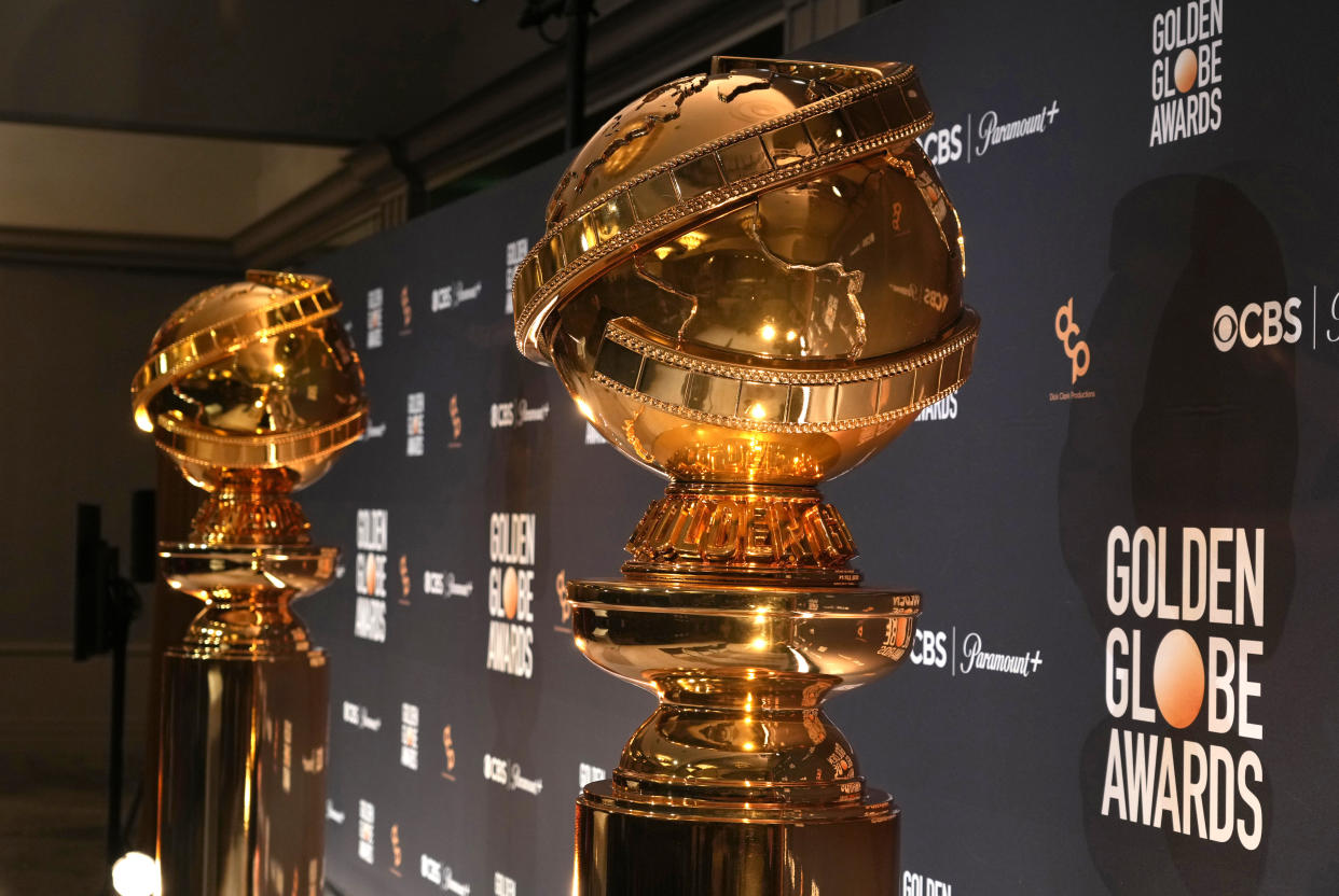 Replcias of Golden Globe statues appear at the nominations for the 81st Golden Globe Awards at the Beverly Hilton Hotel on Monday, Dec. 11, 2023, in Beverly Hills, Calif. The 81st Golden Globe Awards will be held on Sunday, Jan. 7, 2024. (AP Photo/Chris Pizzello)