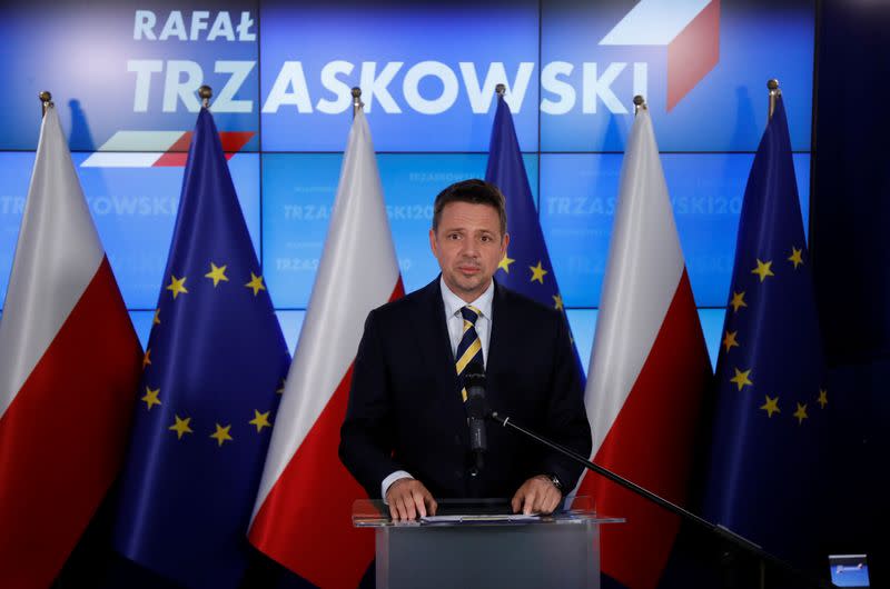 Mayor of Warsaw Trzaskowski attends a news conference after the presidential election in Warsaw