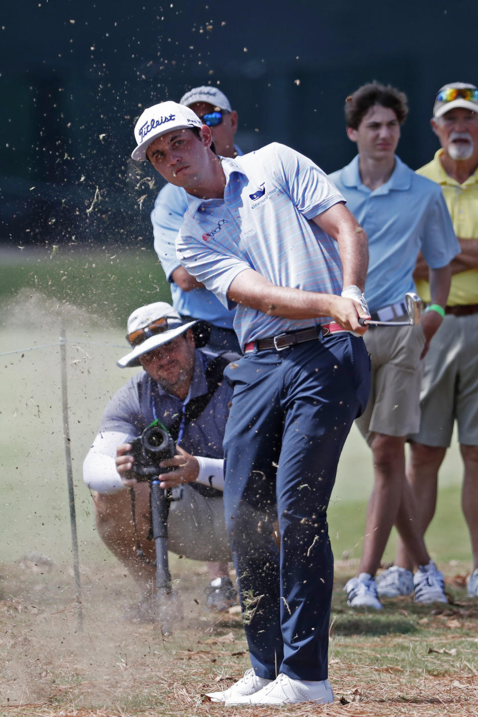 J.T. Poston hits out of the rough along the first fairway during the third round of the Sanderson Farms Championship golf tournament in Jackson, Miss., Saturday, Sept. 21, 2019. (AP Photo/Rogelio V. Solis)