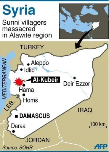 Map of Syria locating Al-Kubeir. The Syrian Observatory for Human Rights said at least 55 people were killed in Wednesday's assault on Al-Kubeir, a small Sunni farming enclave surrounded by Alawite villages in the central province of Hama