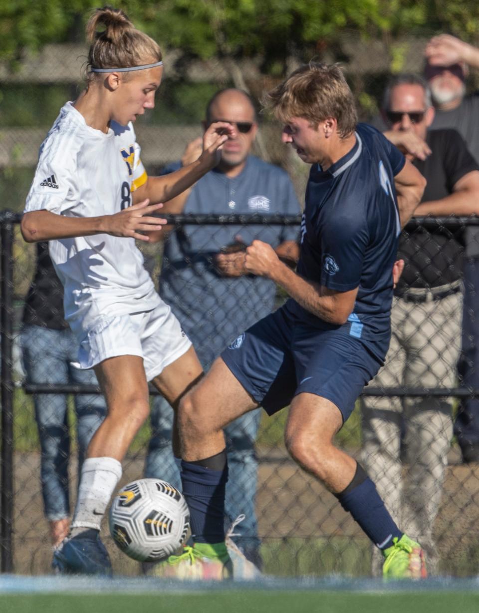 Marlboro Trevor Barrett and CBA Jack D’Dletto battle in first half action. Marlboro Boys Soccer beats Christian Brothers Academy 1-0 in overtime in Middletown NJ on September 8, 2022.