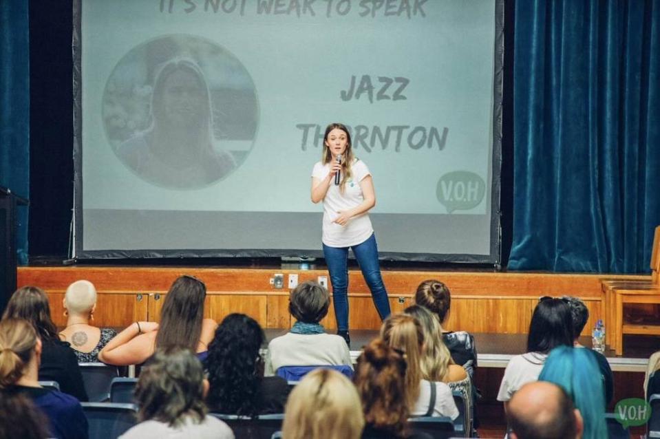 Ms Thornton in December 2018 speaking for Voices of Hope. She's used her experience to raise awareness about mental health issues. Source: Facebook/ Jazz Thornton