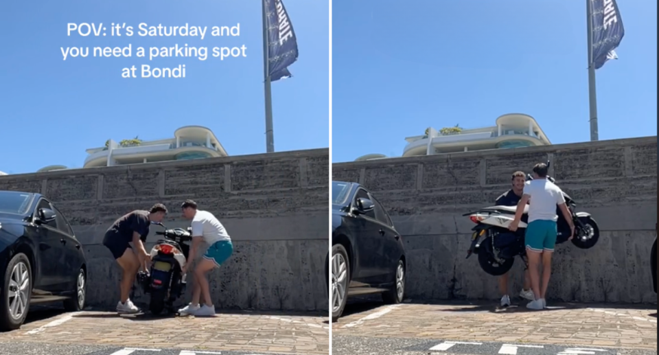 Screenshots from the TikTok video showing the two men lifting the motorcycle to move it out of the car park.