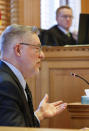 Dr. Mark Cunningham, a clinical forensic psychologist, testifies during the sentence hearing of Jeremy Goodale at the Jefferson County Courthouse in Fairfield, Iowa, on Wednesday, Nov. 15, 2023. Goodale, along with Willard Miller, pleaded guilty to murdering Spanish teacher Nohema Graber and concealing her body under a tarp and wheelbarrow in a wooded area of a park. (Jim Slosiarek/The Gazette/Pool Photo via AP)