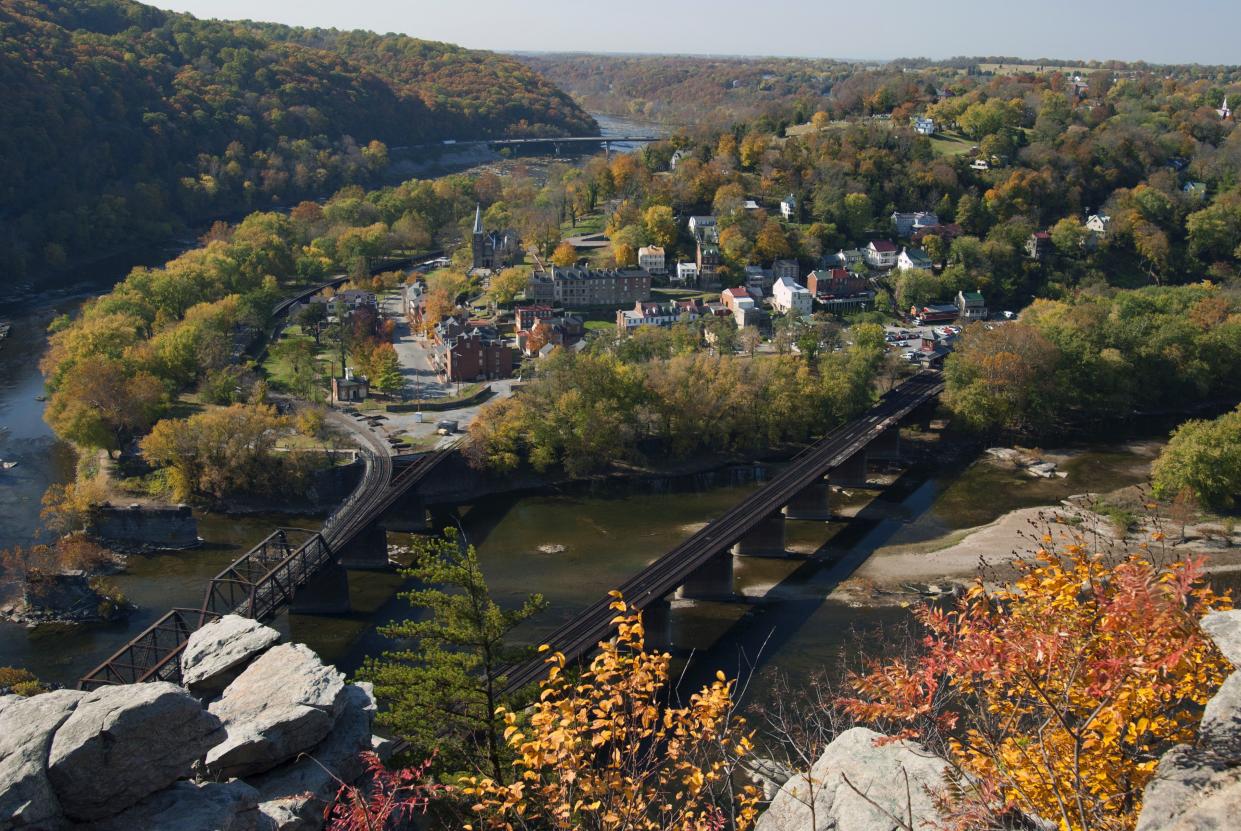 Harpers Ferry, WV in the Fall; taken from Maryland Heights looking down on the city and the confluence of the Shenandoah and Potomac Rivers.