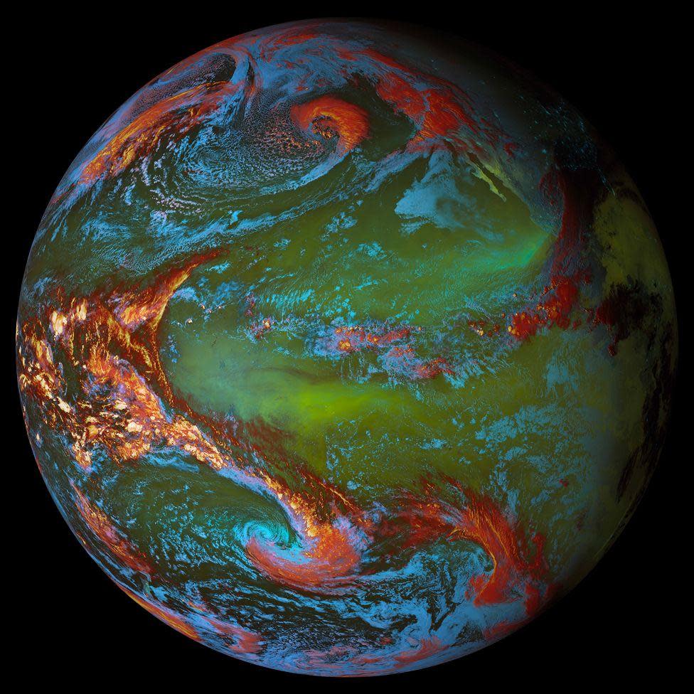 An image of Earth using16 bands monitored by the GOES-18 weather satellite to encode land masses, oceans and atmospheric features as different colours.