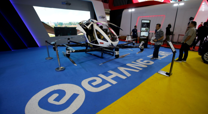 Flying taxi or Car-drone-EHang 216 exhibited by Prestige Image Motor Cars at the 2023 Indonesia International Motor Show (IIMS) at JIExpo Kemayoran. EH stock