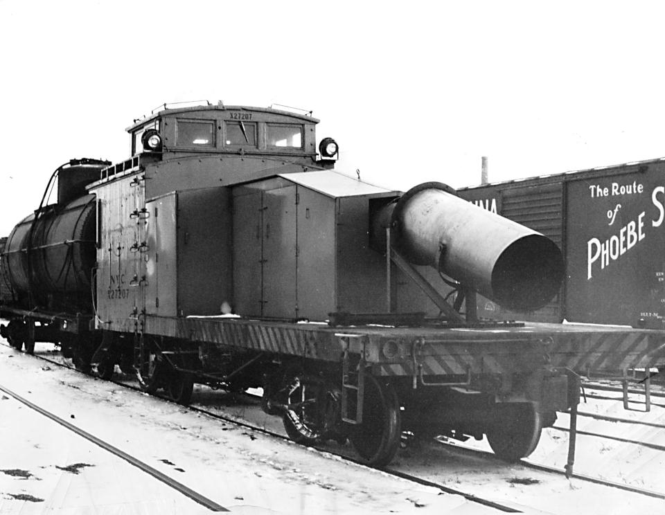 In 1960, the New York Central Railroad developed an experimental snow blower. Its funnel blew out air of 300 degrees Fahrenheit with a force of 108 pounds per square inch. Its first job on January 6, 1960 was to blow snow off tracks from Utica to the Lake Placid area that was covered with 40 inches of snow. The snow blower, pushed by a diesel engine, was driven by Donald Carhart of Syracuse.