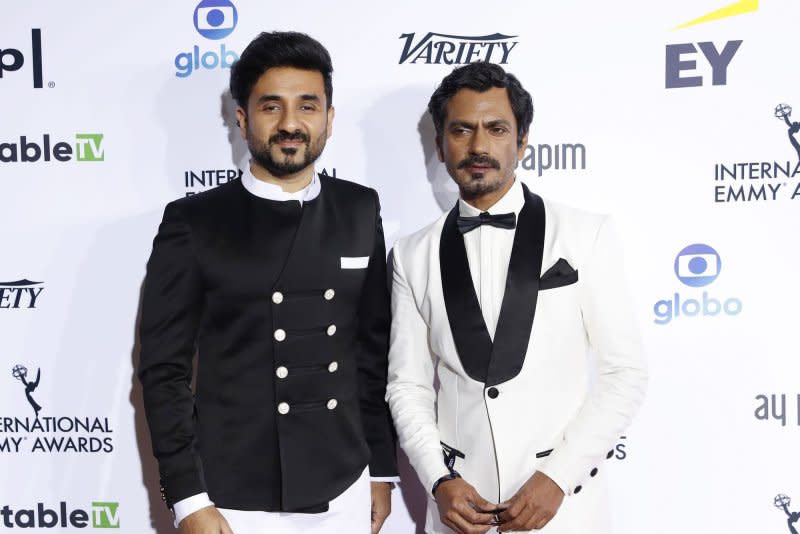 Vir Das (L) and Nawazuddin Siddiqui attend the International Emmy Awards in 2021. File Photo by John Angelillo/UPI