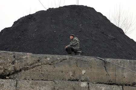 FILE PHOTO - A North Korean man sits beside a pile of coal on the bank of the Yalu River in the North Korean town of Sinuiju December 16, 2006. REUTERS/Adam Dean/File Photo